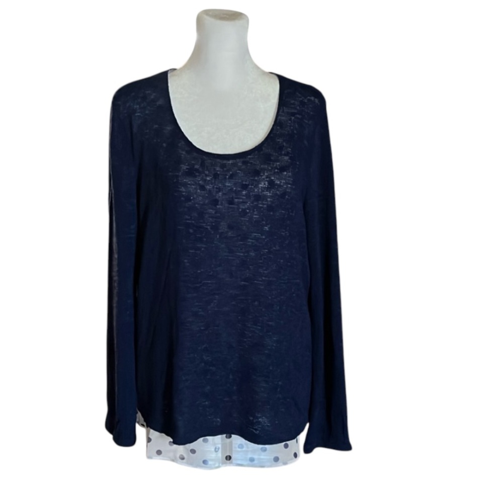 Charming Charlie Navy Blue Polka Dot Layered Open Split Back Knit Top Size M